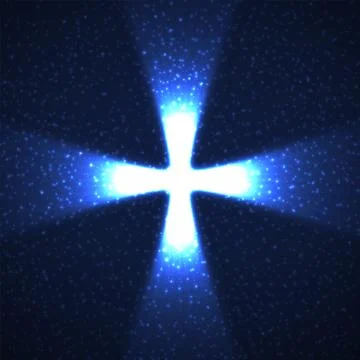 Abstract shining cross with glowing rays and particles. Religious symbol. Vector 스톡 일러스트