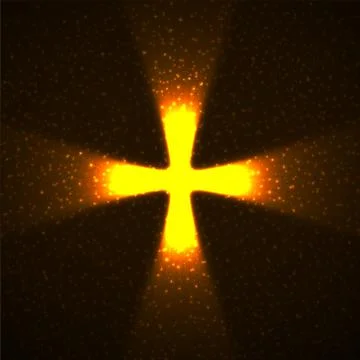 Abstract shining cross with glowing rays and particles. Religious symbol. Vector Illustrazione stock