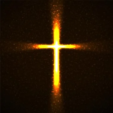 Abstract shining cross with glowing rays and particles. Religious symbol. Vector Stock Illustration