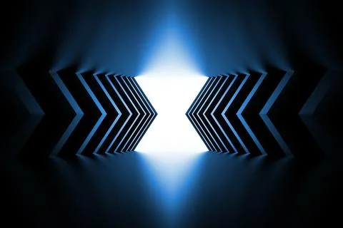 Abstract shiny blue triangular tunnel, 3d Illustrazione stock