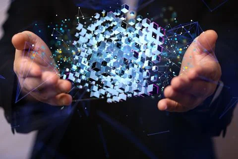 An abstract shot of a man presenting a 3D rendered augmented analytics data c Stock Photos