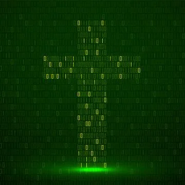 Abstract sign coss of binary code with neon light, technology logo Stock Illustration