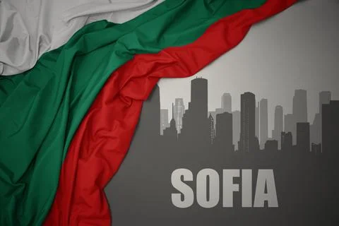 Abstract silhouette of the city with text Sofia near waving national flag o.. Stock Illustration