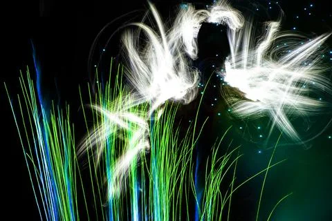 Abstract silhouette with dynamic luminous light trails and selective focus. Stock Illustration