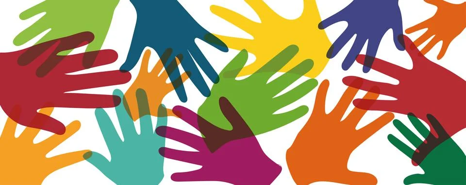 Abstract silhouette group of hands of multicultural children. Kindergarten team Stock Illustration