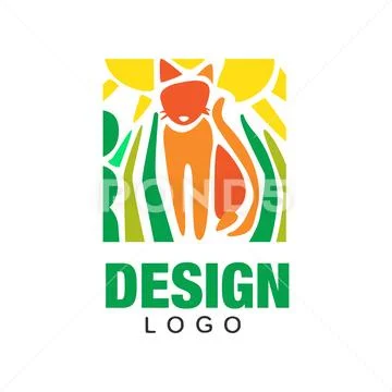 Abstract silhouette of orange cat, green plants and sun. Colorful flat emblem Stock Illustrationen