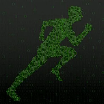 Abstract silhouette running man from binary computer code Illustrazione stock