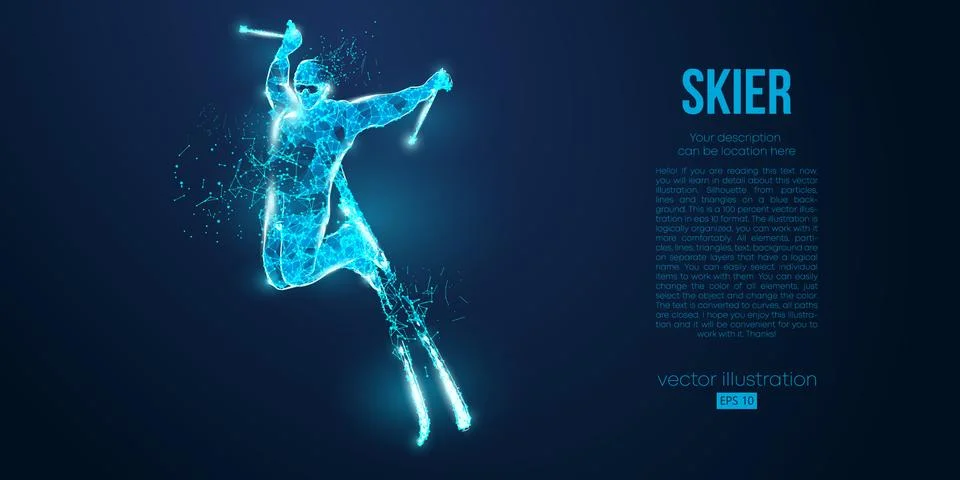 Abstract silhouette of a skier jumping from particles on blue background Stock Illustration