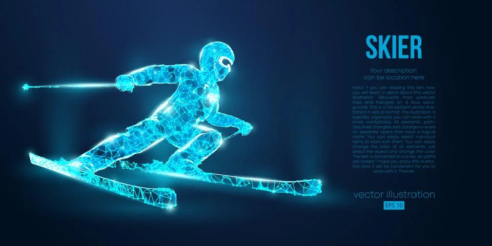 Abstract silhouette of a skier jumping from particles on blue background Stock Illustration
