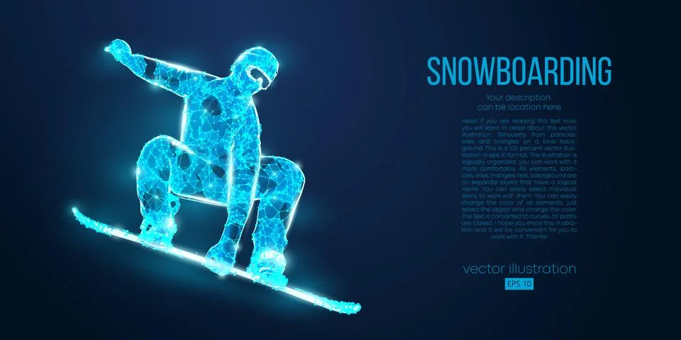 Abstract silhouette of a snowboarder jumping from particles on blue background Stock Illustration
