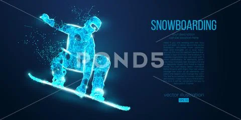 Abstract silhouette of a snowboarder jumping from particles on blue background Stock Illustration