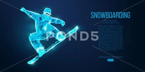 Abstract Silhouette Of A Snowboarder Jumping From Particles On Blue Background
