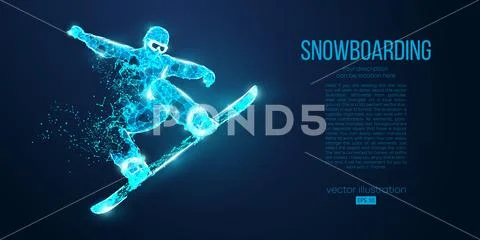 Abstract silhouette of a snowboarder jumping from particles on blue background Stock Illustration