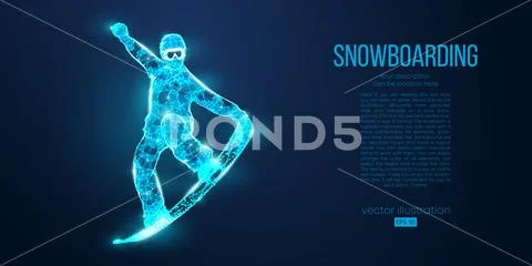 Abstract silhouette of a snowboarder jumping from particles on blue background Stock Illustration