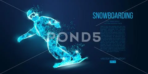 Abstract silhouette of a snowboarder jumping from particles on blue background Stock Illustration