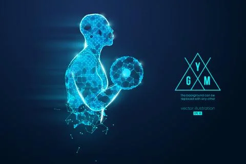 Abstract silhouette of a wireframe bodybuilder. Man on the blue background. G Stock Illustration