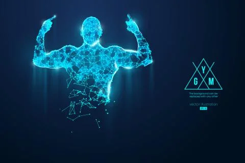 Abstract silhouette of a wireframe bodybuilder. Man on the blue background. G Stock Illustration