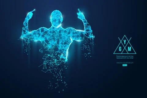 Abstract silhouette of a wireframe bodybuilder. Man on the blue background. G Stock Illustration