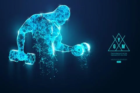 Abstract silhouette of a wireframe bodybuilder. Man on the blue background. G Illustrazione stock