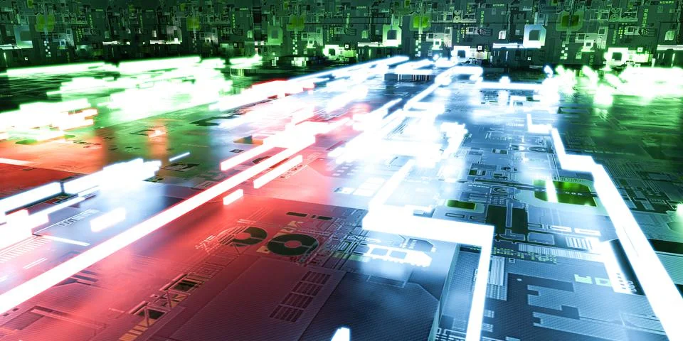 Abstract silicon ocmputer hardware chip technology surface 3d render Stock Illustration