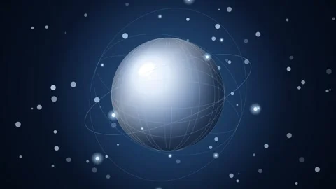 Abstract Silver Sphere Rotating With Orbiting Rings and Particles Motion Graphic Видео 348062405