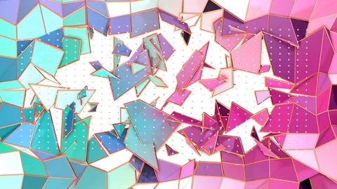 Abstract simple blue pink low poly 3D split surface and flying white crystals as Stockbeeldmateriaal 79904875