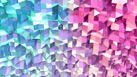 Abstract simple blue pink low poly 3D surface and flying white crystals as Stock Footage