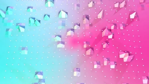 Abstract simple blue pink low poly 3D surface and flying white crystals as Stock Footage