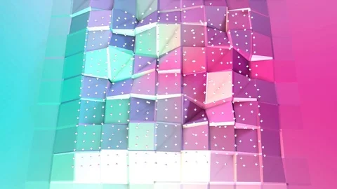 Abstract simple blue pink low poly 3D surface and flying white crystals as Stock Footage