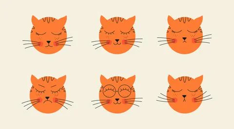 Abstract simple cat face. Ginger cat muzzle with different emotions. Vector h Stock Illustration