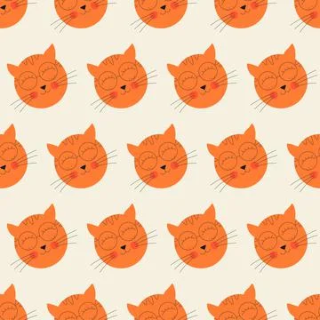 Abstract simple cat face seamless pattern. Ginger smiling cute red haired cat Stock Illustration
