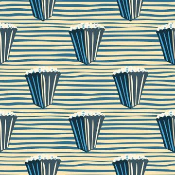 Abstract simple popcorn seamless pattern. Navy blue cinema snack ornament wit Illustrazione stock