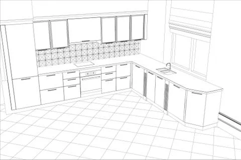 Abstract sketch design interior kitchen. Illustration created of 3d Stock Illustration