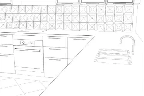 Abstract sketch design interior kitchen. Illustration created of 3d 스톡 일러스트