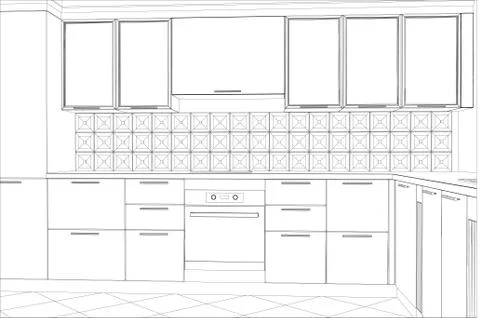 Abstract sketch design interior kitchen. Illustration created of 3d Illustrazione stock