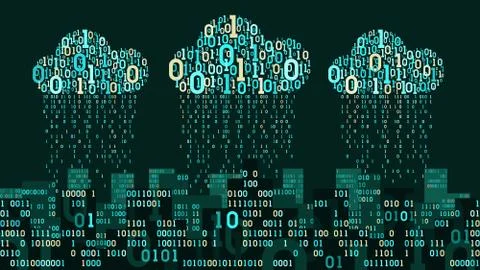 Abstract smart city connected to cloud storage, binary rain - data stream イラスト素材