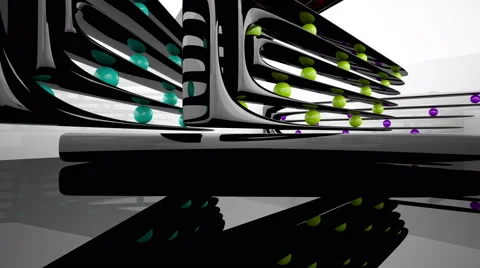 Abstract smooth interior with black sculpture and colored balls. Vídeo Stock 69043239