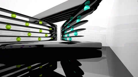 Abstract smooth interior with black sculpture and colored balls. Video stock 69043291