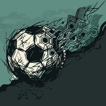 Abstract soccer ball rolled down the mountain hand drawn linocut style on t.. 스톡 일러스트