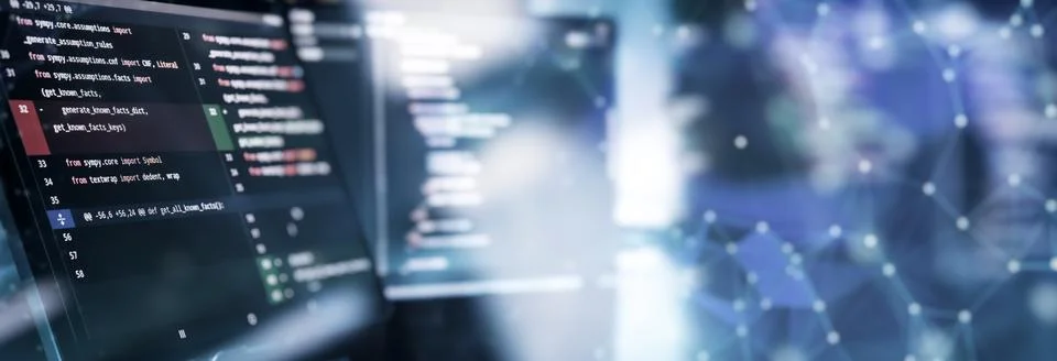 Abstract Software Code Diff Background with Futuristic Network Overlay and .. Stock Photos