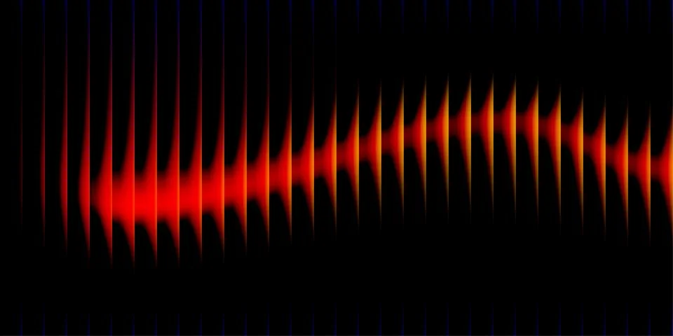 Abstract sound wave frequency bars. Glowing red light trails on black backg.. Stock Illustration