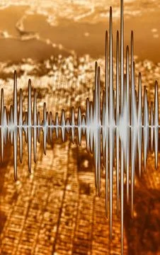 Abstract sound wave visualization over urban cityscape at night in warm tones Stock Photos