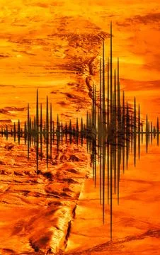 Abstract sound wave visualization over a rugged extraterrestrial landscape Stock Photos