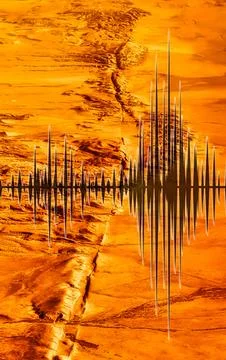 Abstract sound wave visualization over alien orange terrain with mountains .. Stock Photos