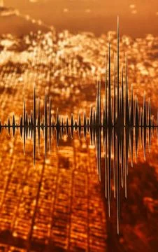 Abstract sound wave visualization over illuminated cityscape at night repre.. Stock Photos