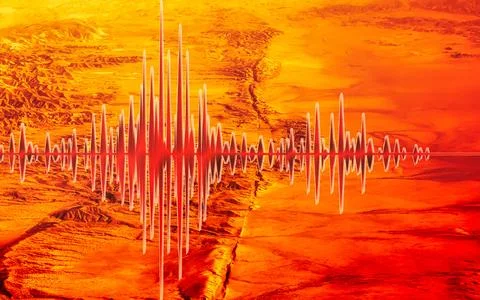 Abstract sound wave visualization over a Mars-like landscape with geologica.. Stock Photos