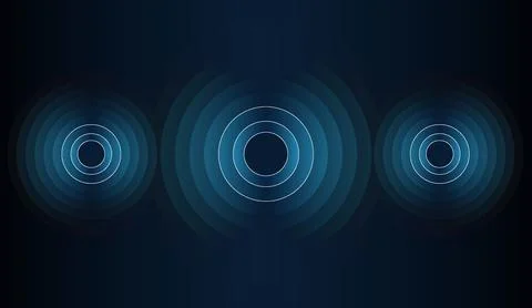 Abstract sound waves circles graphic background in glowing blue colors with Stock Illustration