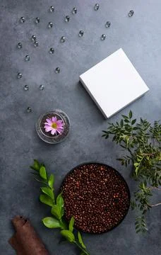 Abstract spa background - blank box, flower and fresh leaves over concrete. Top Foto stock