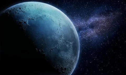 Abstract space 3D illustration, 3d image, background, a huge moon in space in Stock Illustration