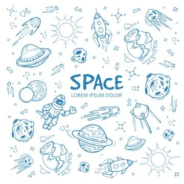 Abstract space background with planets, stars, spaceships and universe objects Stock Illustration